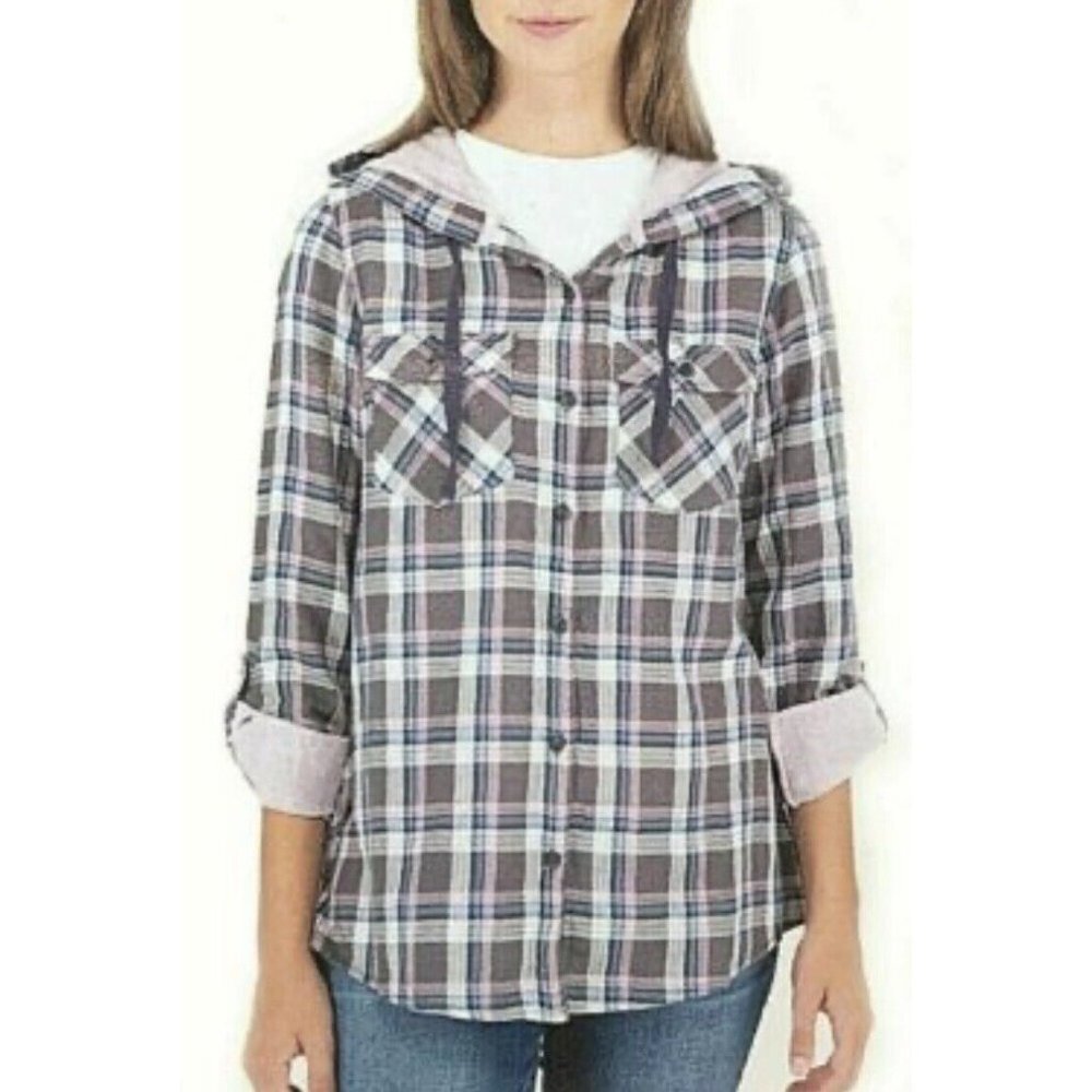 Boston Traders Womens Blue and Purple Plaid Button Down Shirt Jacket Hooded Shac